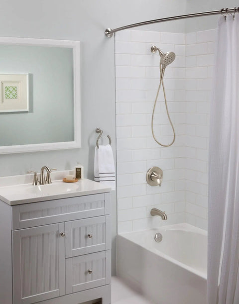 Bathroom with Engage Brushed Nickel Magnetic Handheld Shower Head With Six Functions And Magnetic Docking System installed.