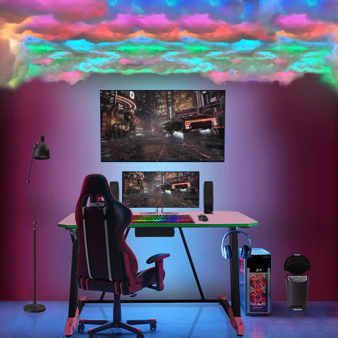 Thundercloud LED Cloud Light With 16 Feet Cord in a gaming setup with RGB atmosphere lighting and dual monitor screens
