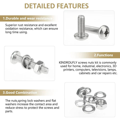 Stainless Steel M6 Pan Head Machine Screw Kit With Nuts And Washers, 102-Piece Assortment, detailed features overview