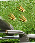 Straight Up Solid Universal Brass Golf Shaft Shim Set Five Piece Kit shown with golf club and brass shims on grass.