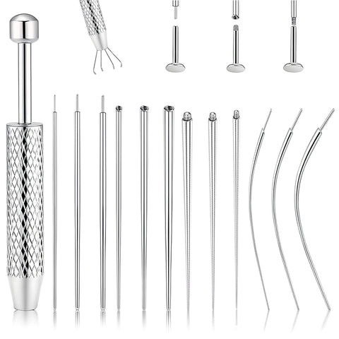 Ball Grabber Piercing Tool Kit For Jewelry In 14G To 20G Stainless Steel with straight and curved cones visible