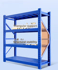 Heavy Duty Metal Shelving Workhorse For Garage Organization Featuring Four Adjustable Tier Levels, blue steel frame with triangular support.