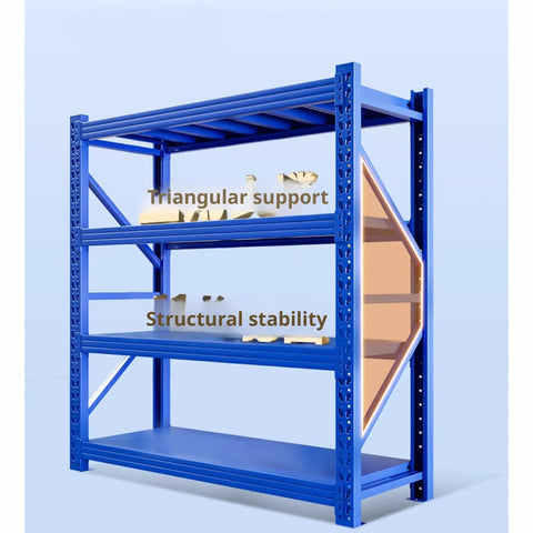 Heavy Duty Metal Shelving Workhorse For Garage Organization Featuring Four Adjustable Tier Levels, blue steel frame with triangular support.