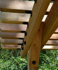 Wood pergola structure with 10 Pcs Aluminum Hex Cap Nuts And 10 Hex Cap Nut Plugs One And One Half Inch Decorative Covers.