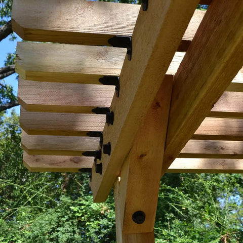 Wood pergola structure with 10 Pcs Aluminum Hex Cap Nuts And 10 Hex Cap Nut Plugs One And One Half Inch Decorative Covers.
