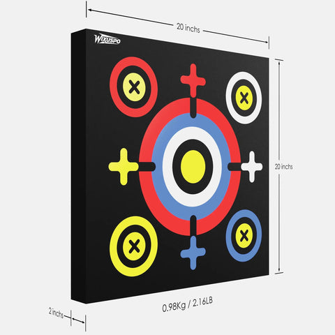 Backyard Archery Target Set 20x20x4 Foam Block With Foldable Self Standing Base High Density Target Portable shown in black with colorful rings