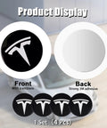 2.2 Inch Center Cap Sticker Set For Tesla Model 3 And Model Y Wheel Hub Cover Emblem Waterproof Adhesive Backing Black And White Rim Accent OEM Plus Vibe Easy Install No Tools Needed, showing front and back views with 3M adhesive and emblem