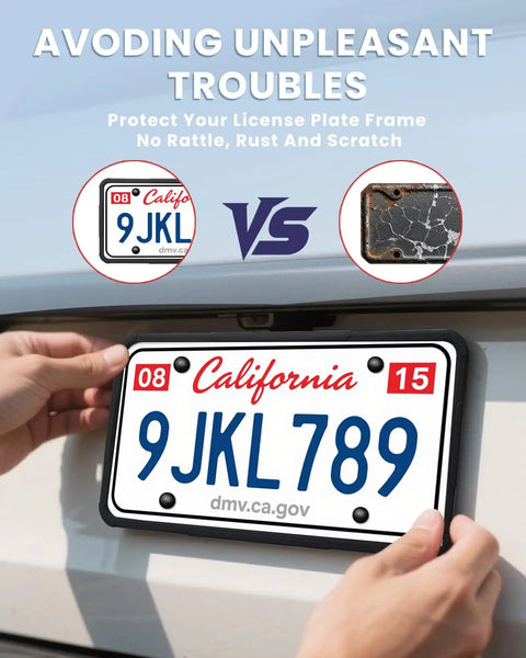 Two Pack Silicone License Plate Frames Black For Front And Rear Mounting On Cars And Trucks Universal US Plate Holder Rust Proof Rattle Proof Weatherproof Easy Install Mounting Kit Accessories, showcase of license plate comparison with cracked frame.