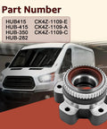 Rugged Rear Wheel Bearing Hub Assembly Replacement for Ford Transit 2015 to 2025 with part numbers and van background