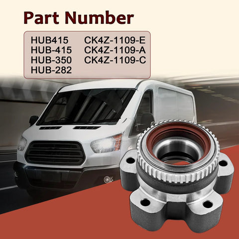 Rugged Rear Wheel Bearing Hub Assembly Replacement for Ford Transit 2015 to 2025 with part numbers and van background