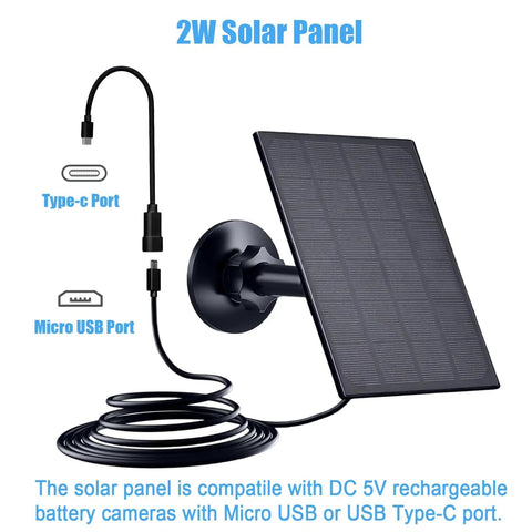 2W Solar Panel Charger For Rechargeable Battery Security Cameras With Micro USB And USB C Ports, side view
