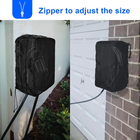 Hella Tough Weatherproof Electric Vehicle Charger Cover For Tesla Wall Connector Level 2 Charging Station with adjustable zipper.