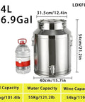 Heavy Duty 64 Liter Stainless Steel Storage Bucket With Rock Solid Airtight Lid And Snap Lock Latches with a water bottle for scale.
