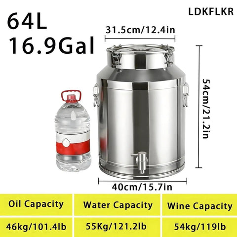 Heavy Duty 64 Liter Stainless Steel Storage Bucket With Rock Solid Airtight Lid And Snap Lock Latches with a water bottle for scale.