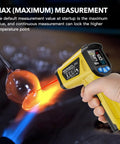 Non Contact Infrared Thermometer Gun With Adjustable Emissivity And Max Readout, Laser Guided 13 Point System, Temperature Range From -58F To 1472F, Pro Grade Temp Gun For Cooking, Freezer, Pizza, HVAC And Quick Surface Readouts measuring a hot pan