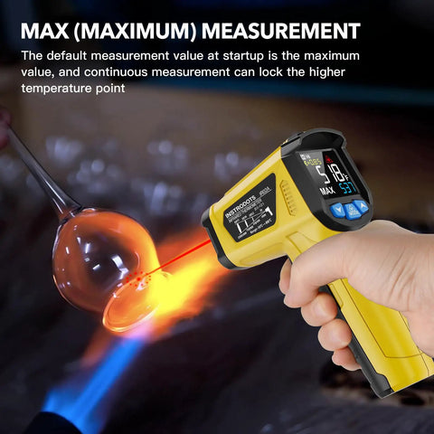 Non Contact Infrared Thermometer Gun With Adjustable Emissivity And Max Readout, Laser Guided 13 Point System, Temperature Range From -58F To 1472F, Pro Grade Temp Gun For Cooking, Freezer, Pizza, HVAC And Quick Surface Readouts measuring a hot pan