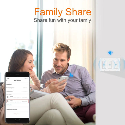 Couple using phone app to control Smart WiFi Light Switch 3 Gang Works With Alexa Google Home No Hub Needed Voice or Remote Control