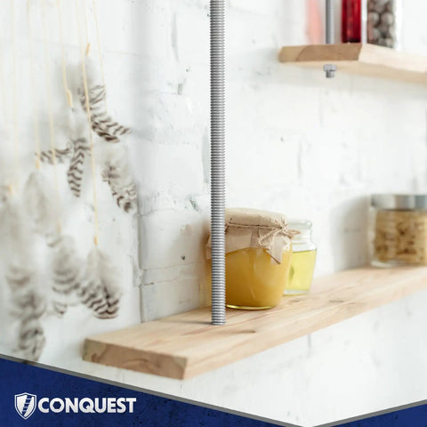Installed 304 Stainless Steel Threaded Rod 5 Eighths Inch 11 TPI 36 Inch Long for industrial outdoor projects with wooden shelf