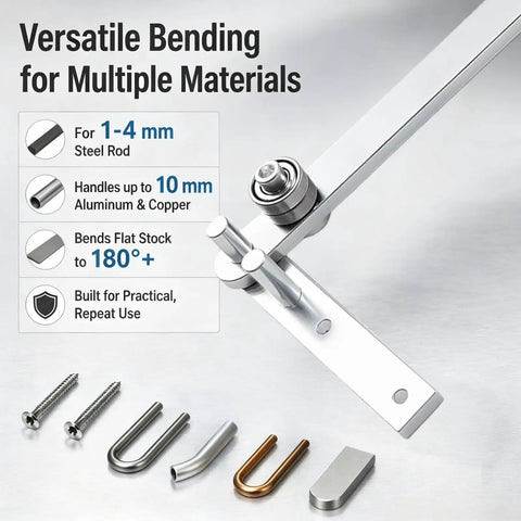 Solid As A Rock Manual Rebar Bender And Compact Pipe Wire Shaping Tool That Handles Steel Rods Copper Cable Aluminum Stock Without A Single Hassle Daily On Workbenches with bending details.