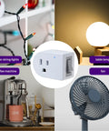 Grounded Outlet With On Off Switch Two Pack 3 Prong Surge Protector 245J single port next to string lights, lamp, coffee machine, fan.