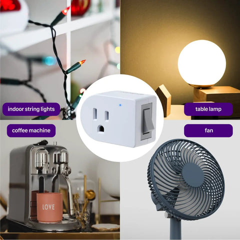 Grounded Outlet With On Off Switch Two Pack 3 Prong Surge Protector 245J single port next to string lights, lamp, coffee machine, fan.