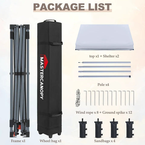 Package contents of Pop Up 10x10 Canopy Tent With Center Lock Easy One Person Setup Dual Shelters 230 Sq Ft Shade Space