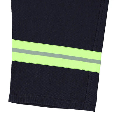 Heavy Duty Fire Retardant Work Suit With Aramid Insulation And High Visibility Design pants leg featuring reflective yellow stripes.