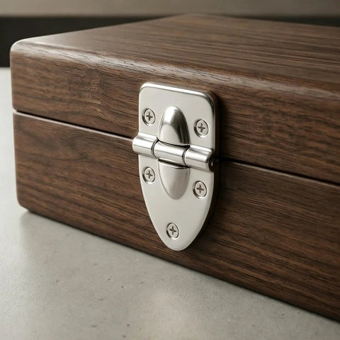 Close-up of silver hinge on wooden box, part of 4 Pack Silver Cabinet Hinges With 16 Screws For Wooden Boxes Flip Top Boxes Gift Boxes