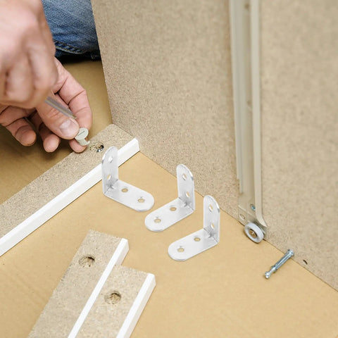 Stainless Steel L Bracket Corner Desk Connector being installed on a wooden surface, showcasing easy install and compact design.