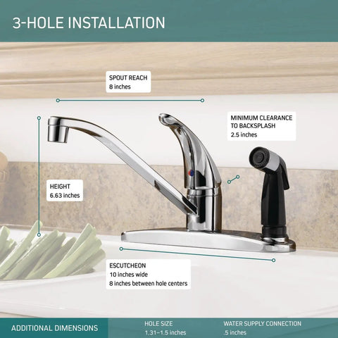 Single Handle Kitchen Sink Faucet With Integrated Side Sprayer Chrome Finish 360 Degree Swivel No Fuss Easy Install 3 Hole 8 Inch Design Durable Chrome Tap Lifetime Limited Warranty