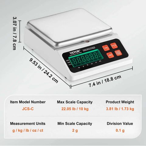 Industrial Counting Scale for Parts and Coins With 10 Kg Capacity, digital scale showing dimensions and LED display