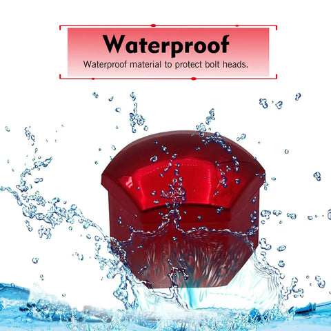 Close-up of red premium PP plastic 21mm lug nut cover with water splash, showcasing waterproof feature and hexagonal design.