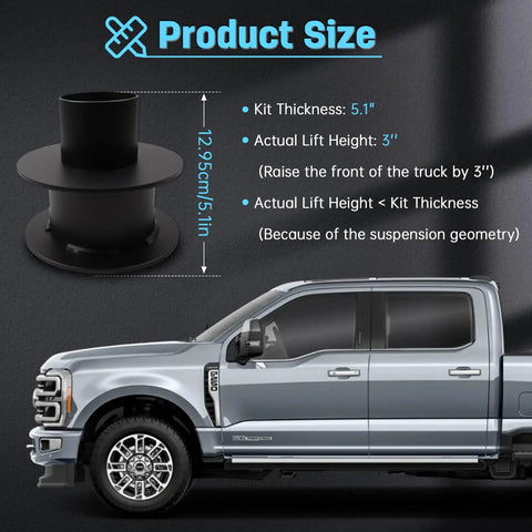 Ford 3 Inch Front Leveling Kit For 2005 Through 2024 F250 F350 Super Duty 4WD shown with coil spring spacers and truck size details