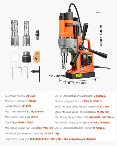 Heavy Duty 1450W Magnetic Drill Press With Rocking Horse Magnet, 1.6 Inch Coring Bit For Steel, showing components and measurements.
