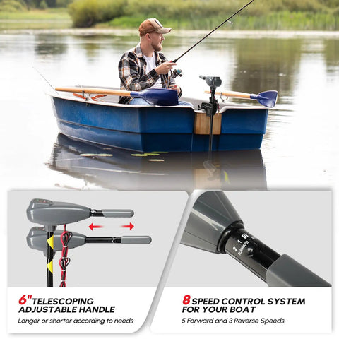 Kickass Eight Speed Electric Trolling Motor With Quick Release Handle And Sharpy Led Gauge Transom Mount For Kayak Fishing Boat Lazy Cruise Mode Grey 36 Pound Thrust Bad Boy Setup with telescoping handle and speed control features.