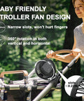 Portable Clip On Fan With Remote And Timer And LED Lights, attached to stroller with 360° rotation feature shown