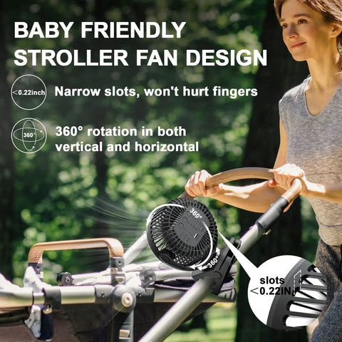 Portable Clip On Fan With Remote And Timer And LED Lights, attached to stroller with 360° rotation feature shown