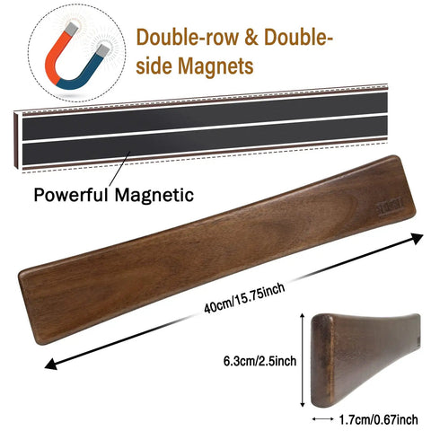 16 Inch Acacia Wood Magnetic Knife Strip Wall Mount showing double-row magnet design and dimensions