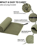 Ultra Compact Microfiber Towel For Travel, Gym, And Camping with carry bag, showing soft touch, hanging loop, and zipper pocket.