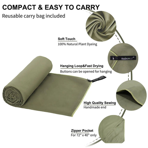 Ultra Compact Microfiber Towel For Travel, Gym, And Camping with carry bag, showing soft touch, hanging loop, and zipper pocket.