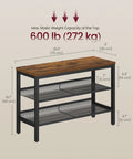 Rock Solid Three Tier Shoe Rack Bench With Heavy Duty Steel Frame And Rustic Plank Shelves Featuring Protective Raised Edges For Mudroom Seating Or Living Room Chill Spot dimensions and weight capacity graphic.