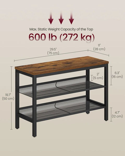 Rock Solid Three Tier Shoe Rack Bench With Heavy Duty Steel Frame And Rustic Plank Shelves Featuring Protective Raised Edges For Mudroom Seating Or Living Room Chill Spot dimensions and weight capacity graphic.