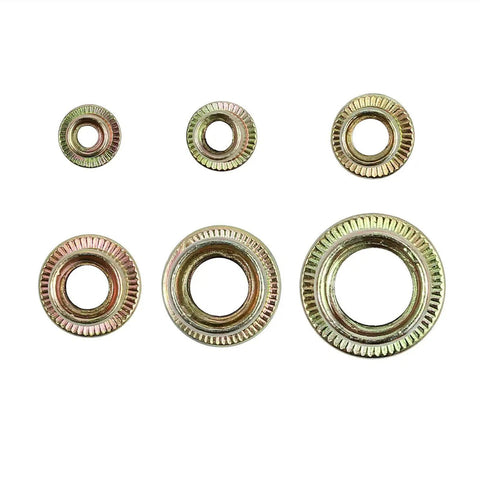 Jinhxofs Carbon Steel Flat Head Threaded Rivet Nut Insert Assortment Metric Cap Set With 150 Pieces, showing various sizes of threaded inserts.