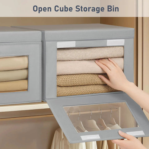 Straight Up Game Changer Large Fabric Storage Bins With Front Load Design And Transparent PVC Window, Smooth Collapsible 4 Pack Closet Organizers With Grippy Handles For Living Rooms