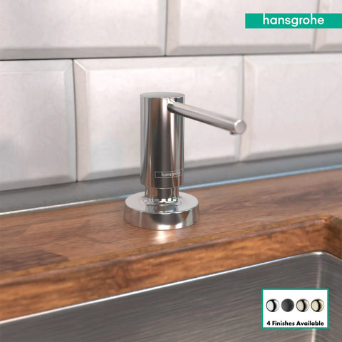 Talis Modern Soap Dispenser For Bath And Kitchen Sink Chrome Finish, 16 Oz Capacity, Above-Counter Mount next to wooden countertop