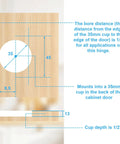 Diagram showing dimensions for Eight Pack Cabinet Hinge Replacement Set For 110 Degree Compact 33 Hinges, 35mm cup size.