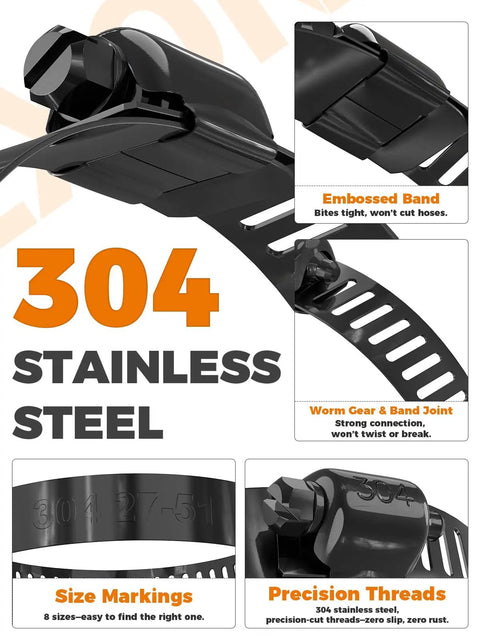 Heavy Duty Hose Clamp Kit 200 Piece Assortment Built Tough 304 Stainless Steel Black Dacro Coated Bands with size markings and embossed band.