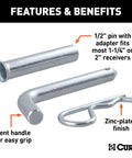 Trailer Hitch Pin And Clip 1/2 Inch Diameter With 5/8 Inch Adapter Fits 1-1/4 Inch And 2 Inch Receiver Tubes Easy Grip 105 Degree Bend
