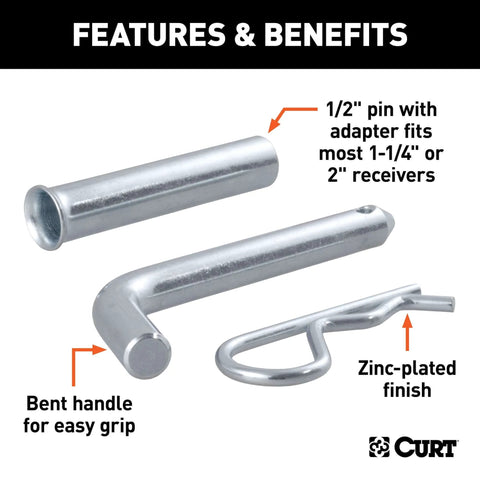 Trailer Hitch Pin And Clip 1/2 Inch Diameter With 5/8 Inch Adapter Fits 1-1/4 Inch And 2 Inch Receiver Tubes Easy Grip 105 Degree Bend