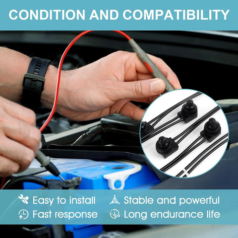 Five Pack 12V Waterproof Push Button Switches SPST With Four and a Half Inch Leads, Durable Weatherproof Micro Switches for Cars, Boats, Off Road, DIY Projects, Copper Contacts, Easy Install installed in engine bay